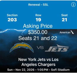 LA Chargers vs NY Jets NFL Tickets x2