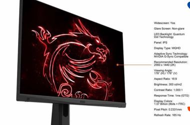 MSI Optix MAG274QRF-QD 27" WQHD 2560 x 1440 (2K) 1ms (GTG) 165 Hz 2 x HDMI, DisplayPort, USB-C NVIDIA G-Sync Compatible Gaming Monitor with Quantum Do