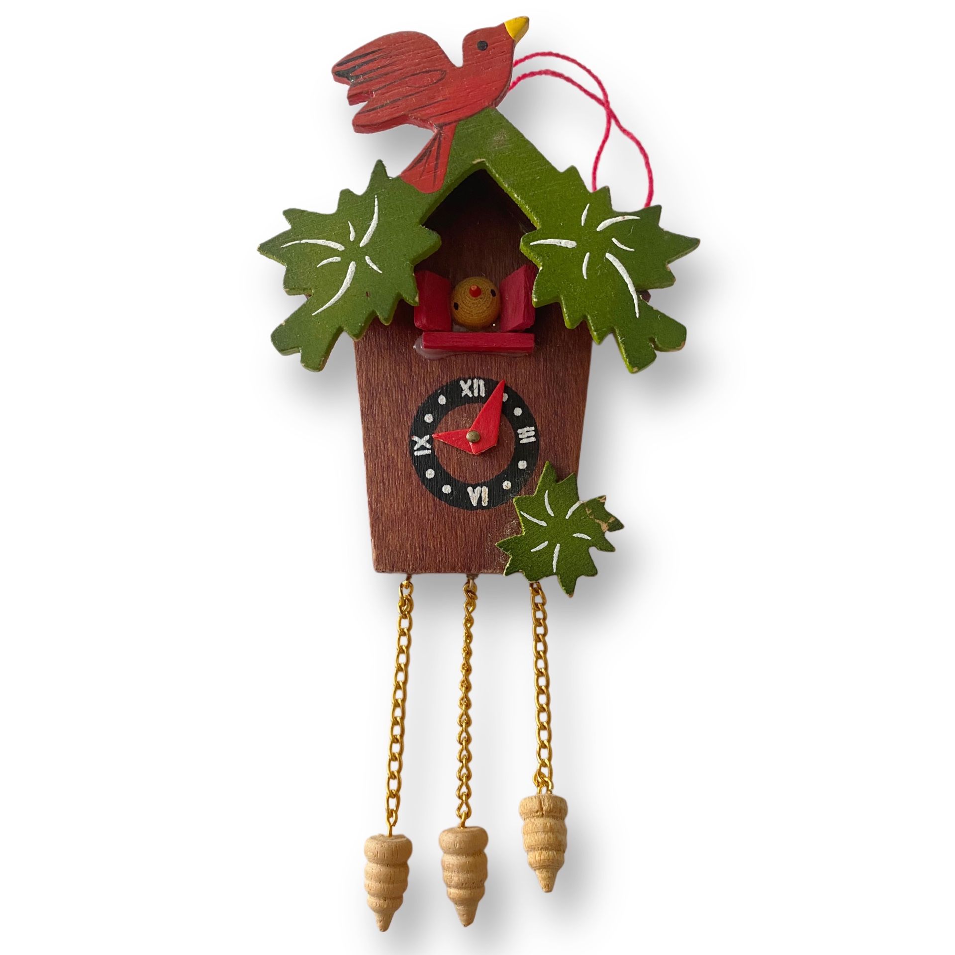 Vintage Brown & Green Wood Painted Cuckoo Clock Ornament with Red Cardinal Bird