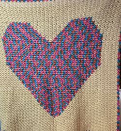 Handmade Crochet Heart Blanket 46" Square Throw Afghan Beige Multicolor