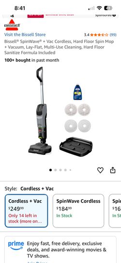 Bissell® SpinWave® + Vac Cordless, Hard Floor Spin Mop + Vacuum, Lay-Flat, Multi-Use Cleaning, Hard Floor Sanitize Formula Included