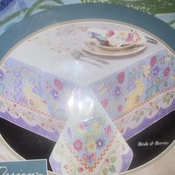 Vtg Fabric Table Cloth Design Cottage Birds & Berries Bunnies 60 X 118 Oblong Easter