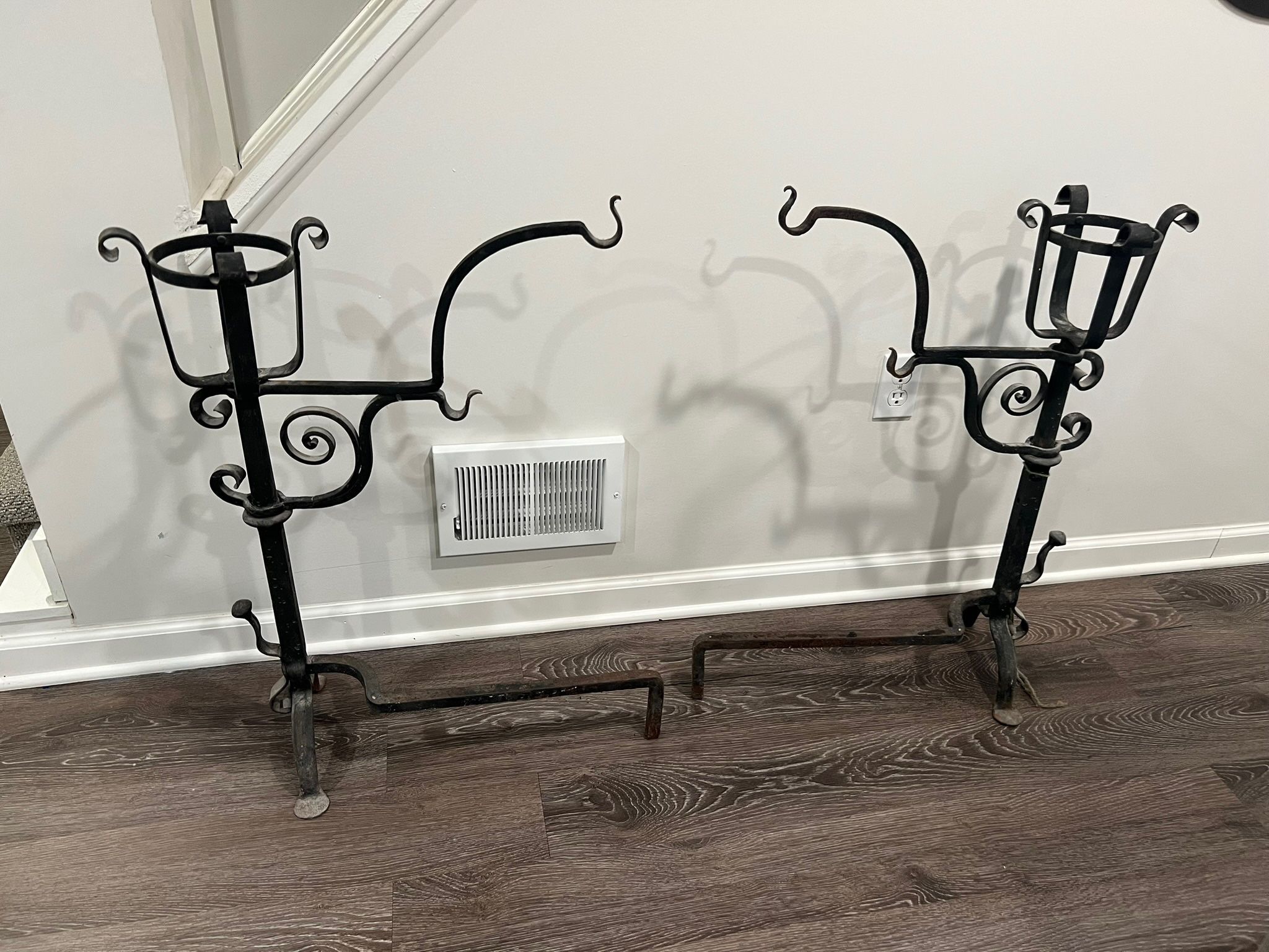 1920’s Antique Wrought Iron Fireplace Andirons in Excellent Condition Pot arms swing Candle holders 24 x 33h 12 base span