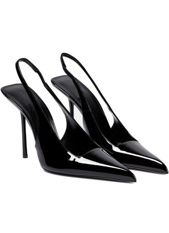 THESHY Women's Pointed Toe Slingback Heels Stiletto High Heel Faux Leather Stretch Strap Slip-on Backless Pumps Fashion Dress Shoes for Women