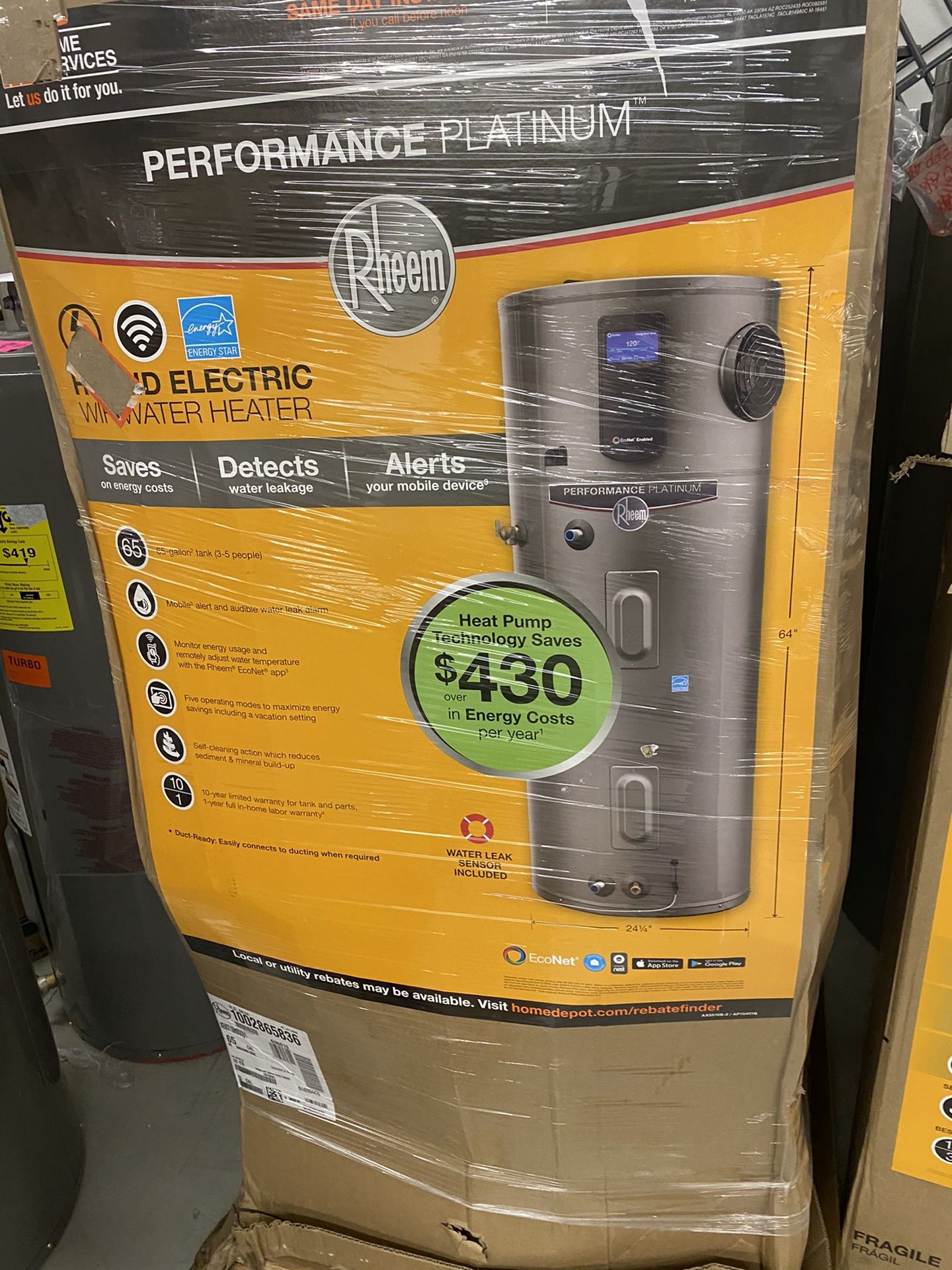 Rheem 65gal hybrid water heater electric commercial