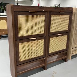 Rattan Shoe Storage Cabinet Features 4 Hinged Doors Hidden Slim Shoes Organizer for Entryway Farmhouse Narrow Shoe Rack Free-Standing Shoes Storage Ca