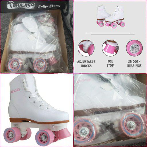 Brand New in Packaging/Box Chicago Rink Quad Roller Skates  *White, Pink & Light Blue (In Wheels) *Size 1
