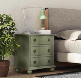 New 3 Drawer Nightstand with Distressed Wood Finish, Rustic Vintage Small Dresser with Curved Front Design, Solid Pine Base for Bedroom, Almost Fully 