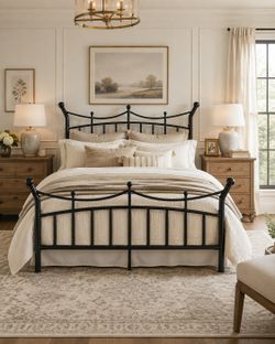 Full bed Metal Platform Bed Frame with Victorian Iron-Art Tall Headboard and Footboard, Mattress Fo