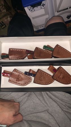 Mini Collectible Knives w/ pattern Blades & leather sheaths