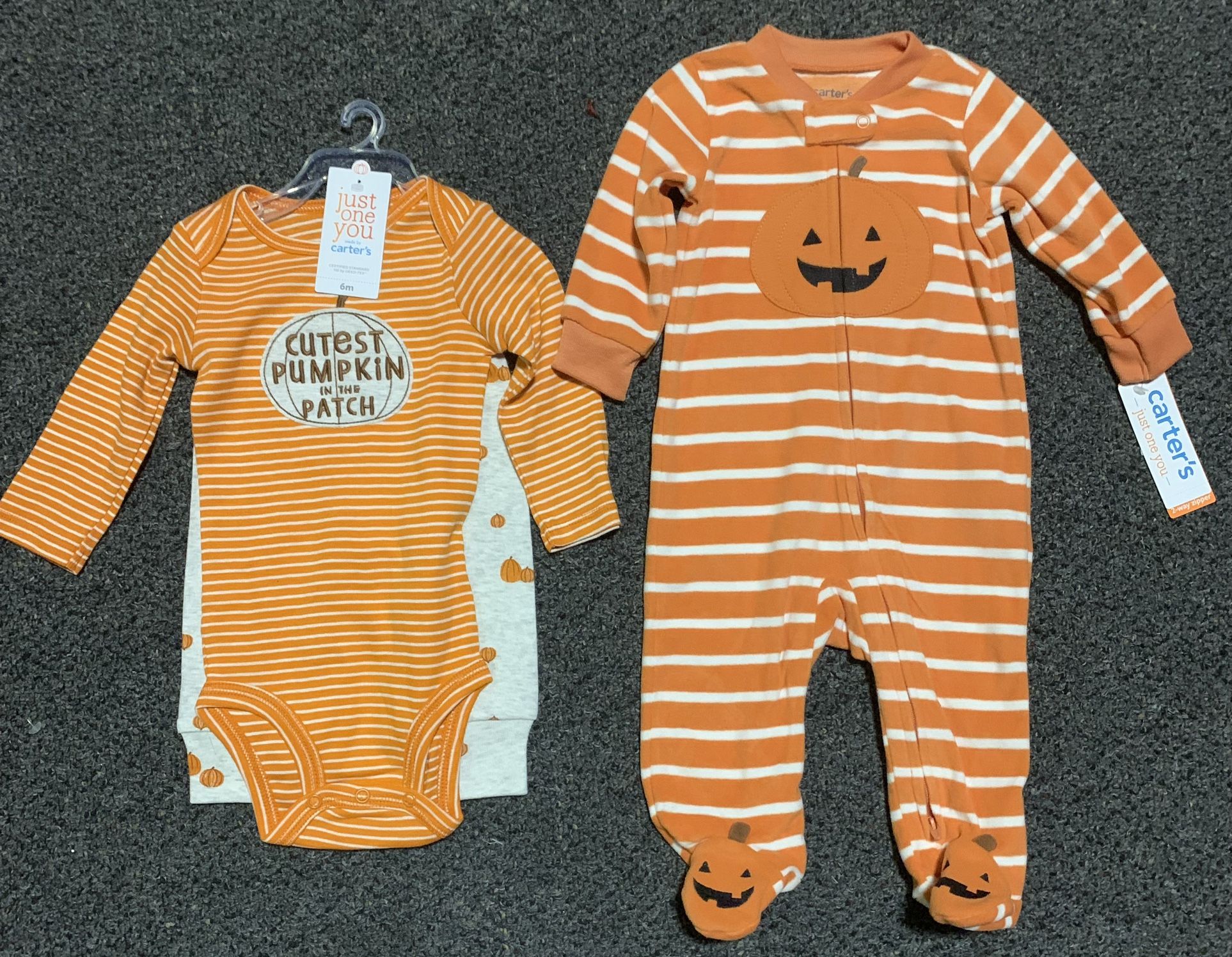 Two new Carters boy or girl 6 month cutest pumpkin in the patch onesie and pants outfit and pumpkin fleece sleeper