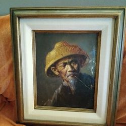 Vintage Framed Print On Canvass Elderly Asian Man With Pipe & Conical Hat