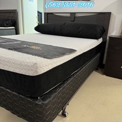 Queen Metal Bed Frame & Head Headboard Grey- Cama Base Metal Con Cabecera Madera Gris 