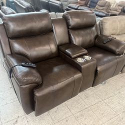 Brown Genuine Leather Dual Power Recliner Massager Loveseat With Heated Seats And Lumbar Support 