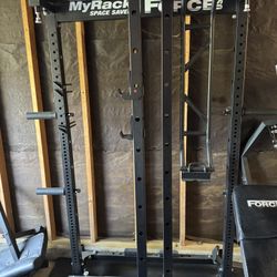 Squat Rack, Adjustable Bench, And Cable Cross 