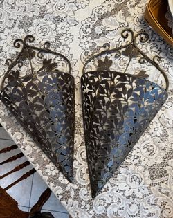 Pair of Metal Wall Sconces with Leaf Cutout Design and Scrollwork
