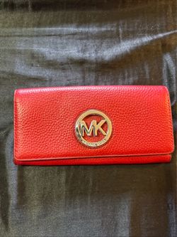 Michael Kors Red Solid Flap Wallet w/ Logo, Zip Coin Pocket, Card Slots.