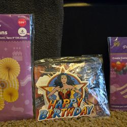 Party Supplies, Party Fans, Wonder Woman Banner And Cake Topper, Glue Dots $2 Each