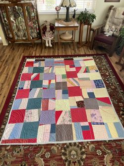 Crazy Quilt Vintage Satin & Cotton Fabric.Hand Pieced,Stitched & Quilted 69”X86”