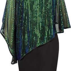 Hanna Nikole Women's Sleeveless Cape Dress with Sequin Overlay Bodycon Pencil