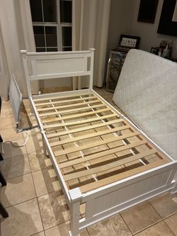 White Wood Bed Frame with Headboard for kids