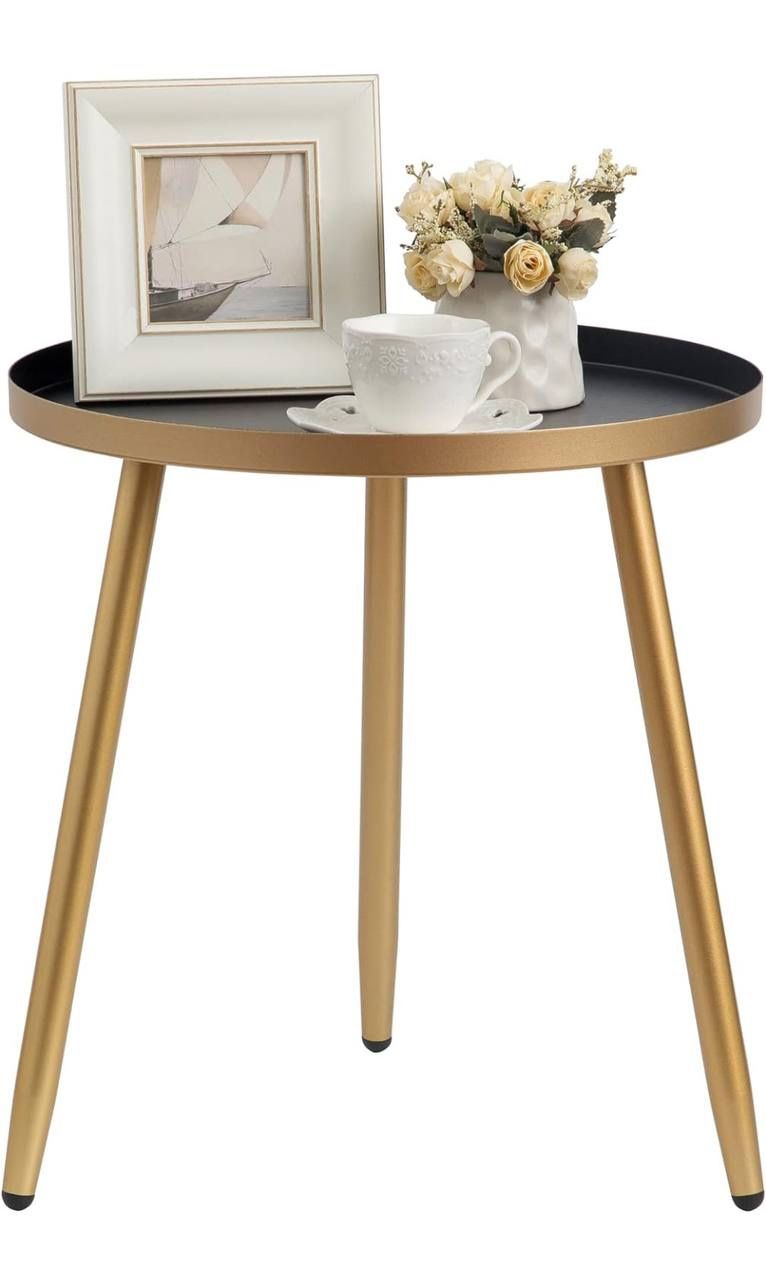 AOJEZOR Round End/Side Tables for Living Room, Bedrooms Narrow Night Stands Cute Pedestal Plant Stand for Balcony, Black Tray with 3 Legged Gold