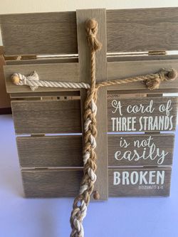 Wooden Cross Sign Ecclesiastes 4:12 Rope Decor