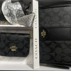 Coach Black Signature 3-Piece Set – Crossbody Wallet, Wristlet & Round Coin Case