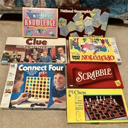 Lot Of Board Games - Connect Four, Game Of Knowledge, Scrabble, Clue, Operation, Chess