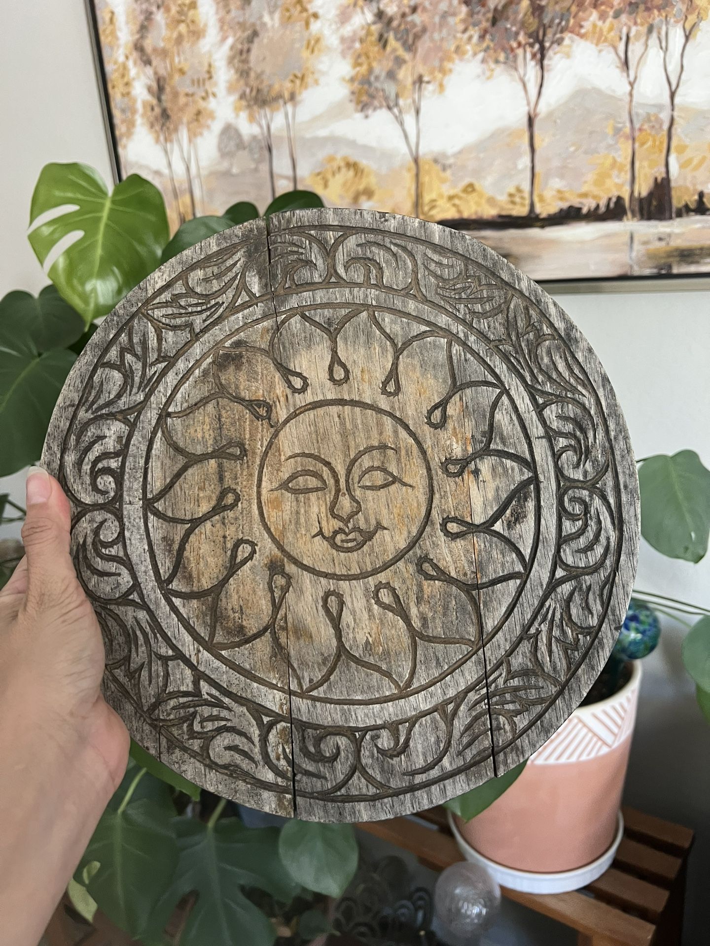 Boho Etched Wood Sun Celestial Wall Art, Plant Stand 12in
