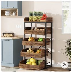 JW0604 Wood Fruit and Vegetable Storage Rack, 5-Tier Pull-Out Snack Stand Fruit Basket Stand, Utility Shelf Organizer for Kitchen, Living Room, Bedroo