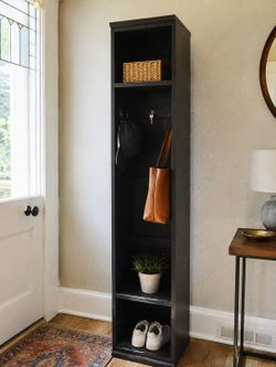 Tall Narrow Entryway Storage Tower w/ Hooks & Shelves - 6 Ft Black