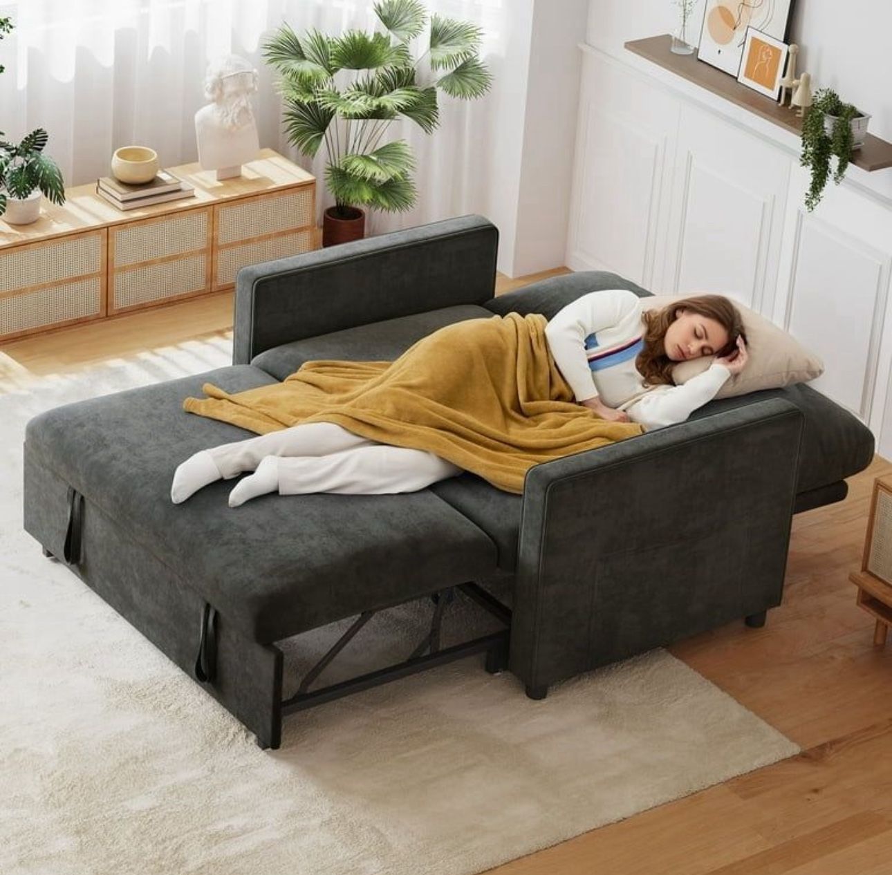 54" 3-in-1 Convertible Sleeper Sofa Bed, Chenille Loveseat Futon with Adjustable Backrest, Storage Pockets & USB Charging Ports – Modern 2-Seater Couc