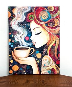 Vibrant Decorative Art of a Woman Drinking Coffee ☕️- Like New ☕️Please Read Description