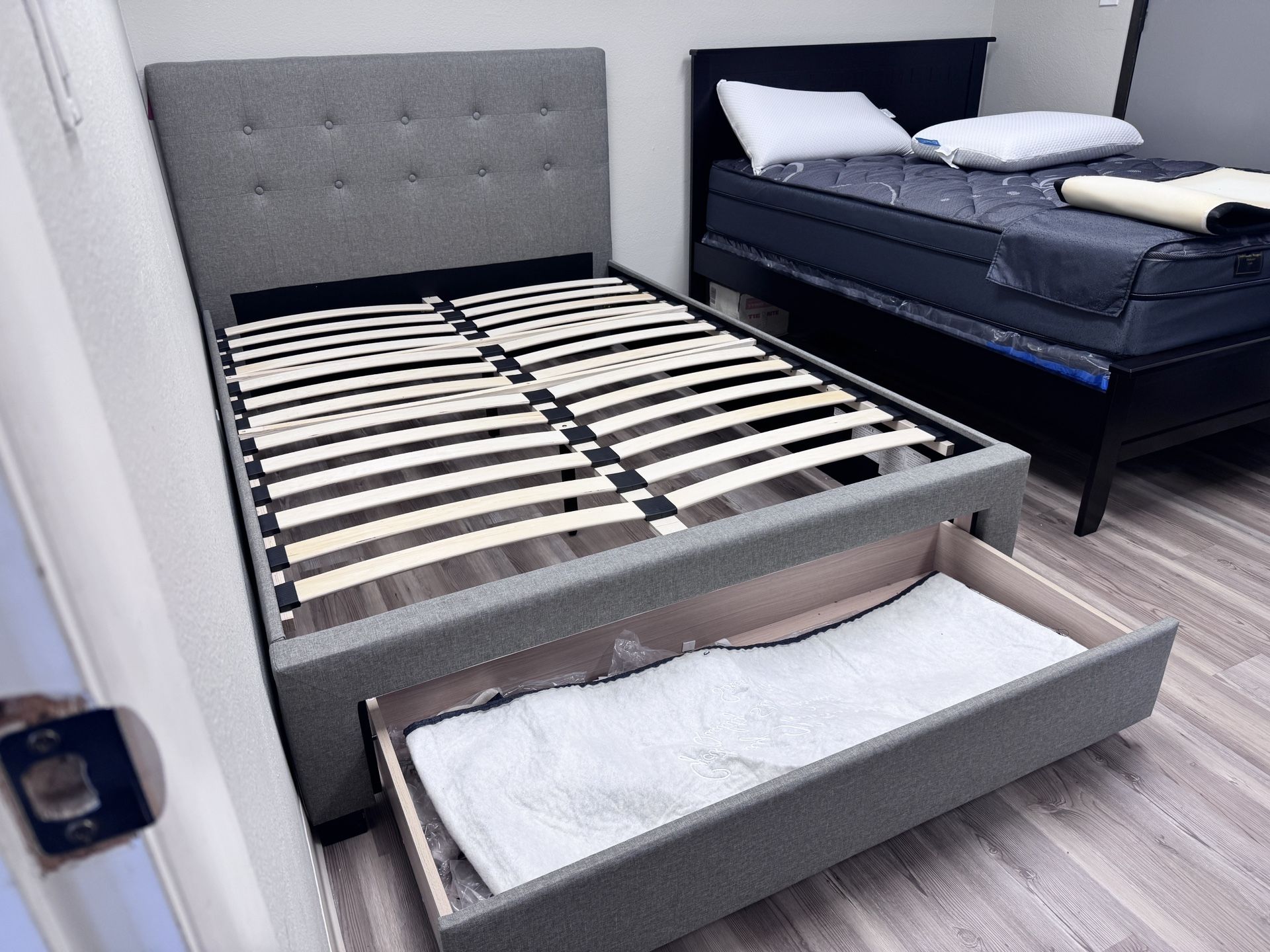 REDUCED Platform bed Frame brand new in box Grey Fabric with Storage Drawer Queen $258 Full $238