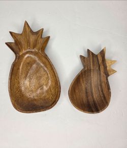Hawaiian Hand Carved Acacia Wood Pineapple Shaped Trinket Dish Spoon Rest Set