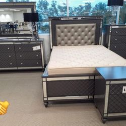 BRAND NEW LED UPHOLSTERED BEDROOM SET QUEEN OR KİNG BED DRESSER NIGHTSTAND AND MİRROR (CHEST OPTİON) 