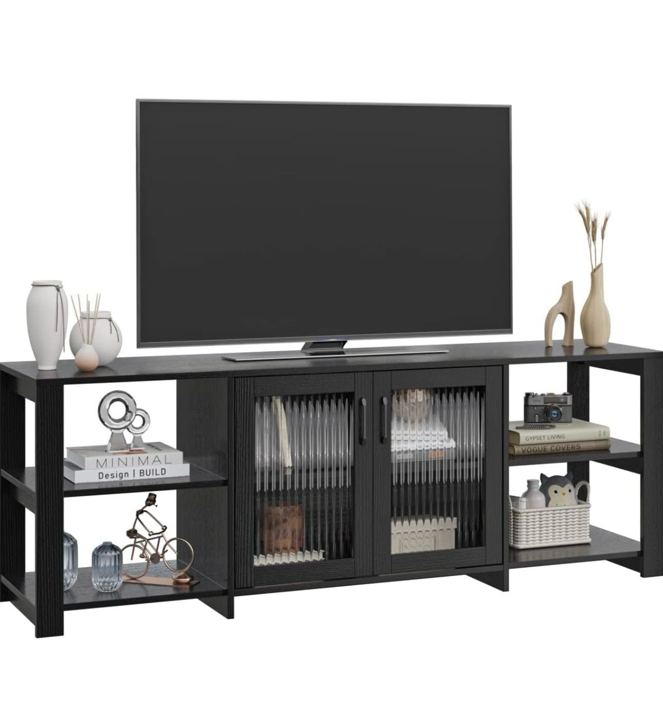 TV Stand for 70 inch TV, Entertainment Center TV Console Table TV Storage Cabinets Media Console with 2 Doors and Open Shelves, 4 Cubby for Living Roo