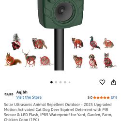 Solar Ultrasonic Animal Repellent Outdoor - 2025 Upgraded Motion Activated Cat Dog Deer Squirrel Deterrent with PIR Sensor & LED Flash, IP65 Waterproo