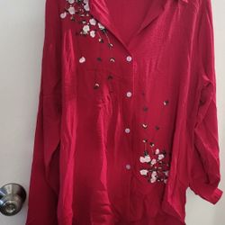 Women's Red Floral Embroidered Top Xl 