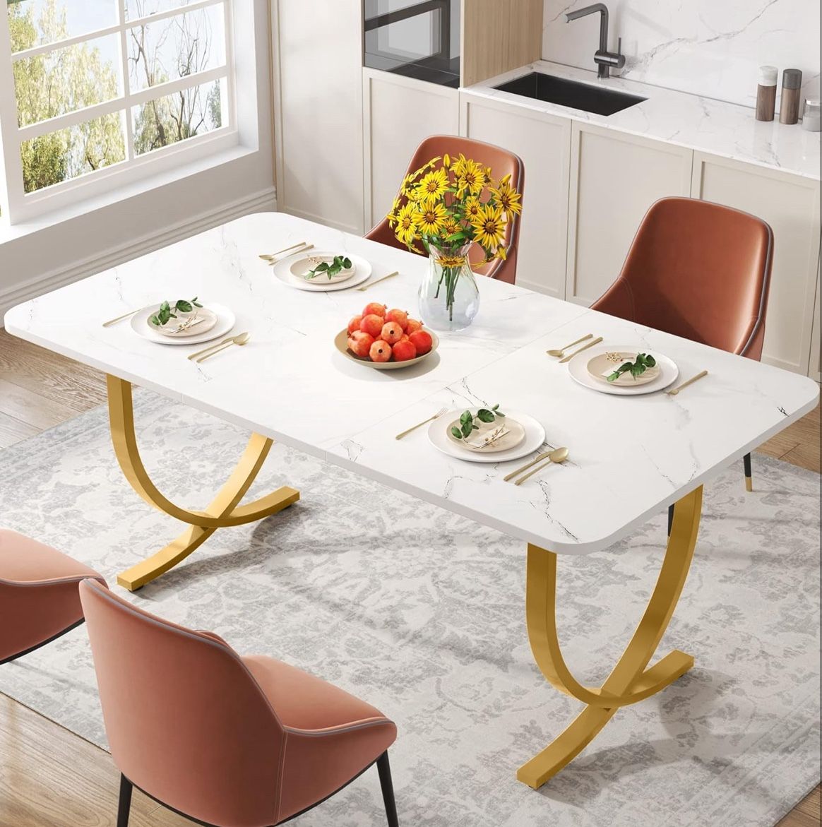 🍽️ Faux Marble Dining Table – Gold Metal Legs – Modern, Chic & Sturdy – $75 OBO