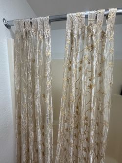2 Lovely Curtain Panels - Sheer Gold Ornamented Fabric Curtain Panels
