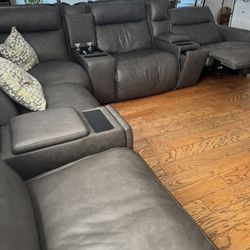Grey Leather Sectional - 3 Recliners - 3 Charging Stations 