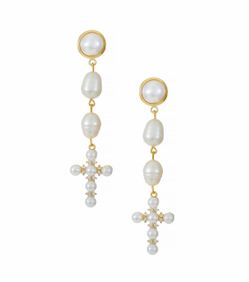 Ettika Pearl and Gold Cross Drop Earrings