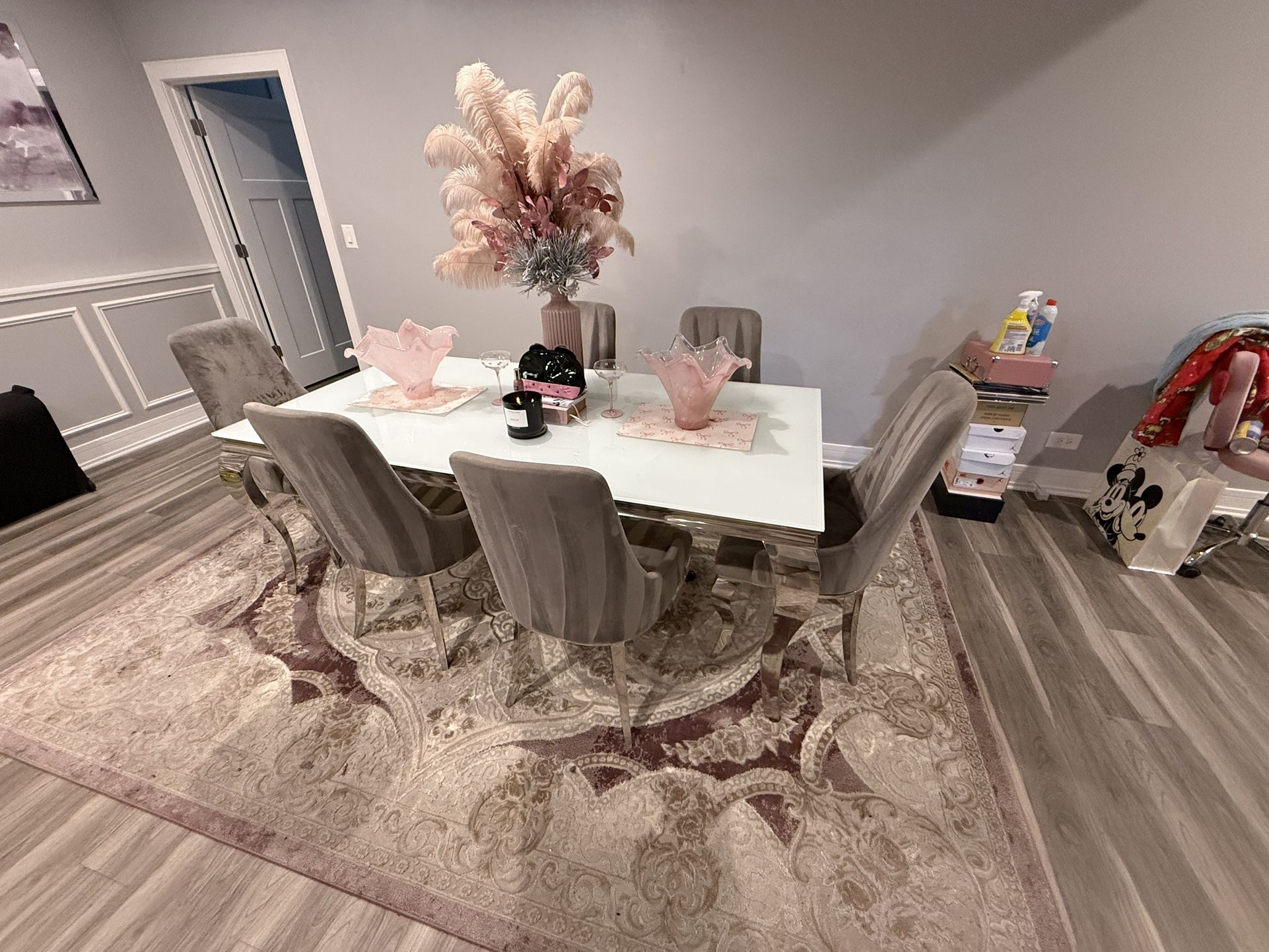 Glass Table & 6 Gray Chairs