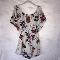 Ces Femme Off the Shoulder White Pink Blue Floral Shorts Romper Flowy