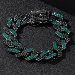 Fully Iced Rhodium Plated Emerald Green Black Cubic Zirconia Men Women Bracelet 