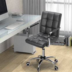 Mid Back Desk Chair, PU Leather Office Task Chair with Armrests/Large Seat, Adjustable Chair with Wheels, Grey