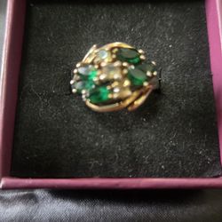 : Vintage Natural Emerald Cluster Ring - Marquise Cut - Gold over Silver