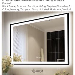 55” X 40” Black Framed Mirror. The backlit doesn’t work but mirror is In Perfect Condition